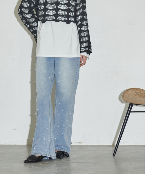 Washed Jeans Unisex パール スタッズ デニムパンツ ウォッシュ Washed Jeans Unisex パール スタッズ デニムパンツ ウォッシュ