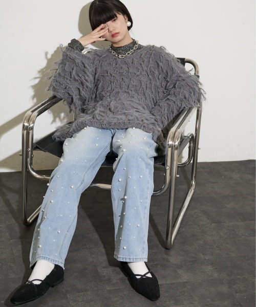 Washed Jeans Unisex パール スタッズ デニムパンツ ウォッシュ セール】パールスタッズデニムパンツ（デニムパンツ）｜THE YOn