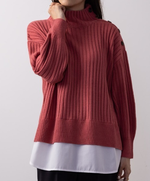 NAVY(ネイビー)の「NAVY 洗えるニット ボタン付きフェイクレイヤードモックネックプルオーバー(ニット/セーター・レディース・グレー/ブルー/アイボリー/ブラック/グレイッシュベージュ/ピンク・フリー)」の6枚目の写真