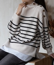 NAVY 洗えるニット ボタン付きフェイクレイヤードモックネックプルオーバー