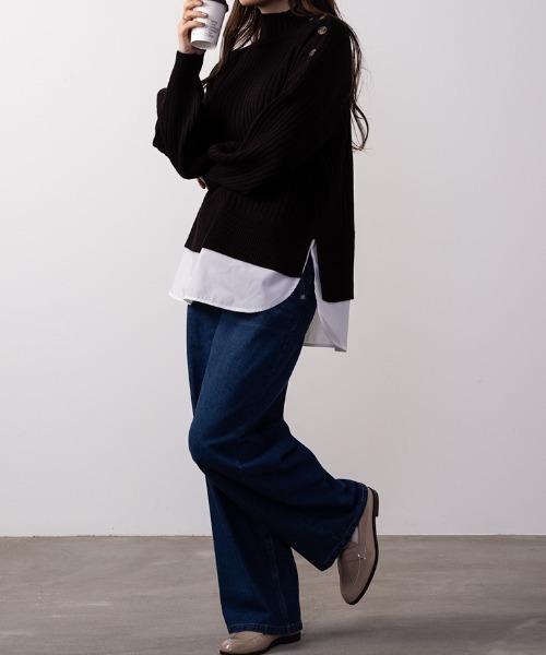 NAVY(ネイビー)の「NAVY 洗えるニット ボタン付きフェイクレイヤードモックネックプルオーバー(ニット/セーター・レディース・グレー/ブルー/アイボリー/ブラック/グレイッシュベージュ/ピンク・フリー)」の9枚目の写真