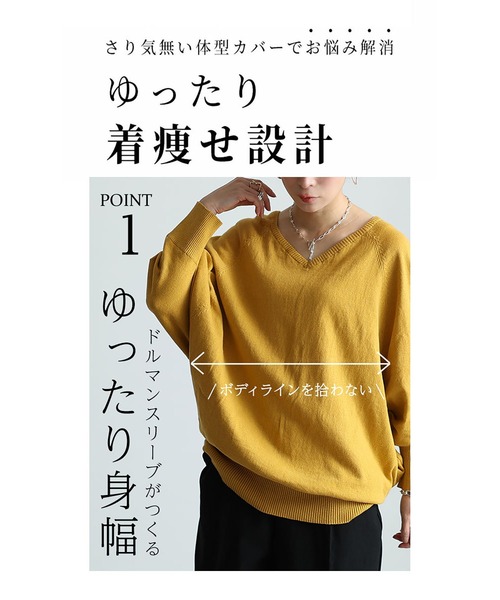 GOLDJAPAN（ゴールドジャパン）の「Ｖネックドルマン綿ニット【大きいサイズ対応】（ニット/セーター・レディース・ブラック/ダークグリーン/ホワイト/バーガンディー/ベージュ系/マスタード/ブルー/杢グレー/ネイビー・4L～5L/LL～3L）」の13枚目の写真