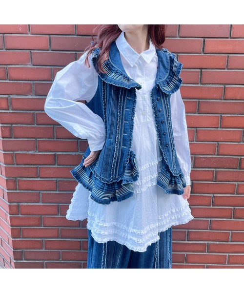 希少 pink house ピンクハウス デニム フリル ベスト ブラウス フリル使いデニムベスト｜ピンクハウスオフィシャルオンライン