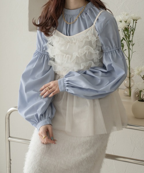 Ambre Neige（アンブルネージュ）の「スタンドカラーギャザーブラウス／WEB/EC限定商品（シャツ/ブラウス・レディース・ブラック/ライトブルー/オフホワイト・FREE）」の3枚目の写真