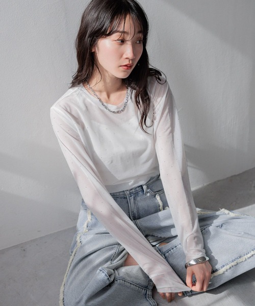 LOWRYS FARM（ローリーズファーム）の「シアーアソートクルーＬＳ 103917（Tシャツ/カットソー・レディース・ベージュ/その他1/その他2/その他/グレー・FREE）」の3枚目の写真