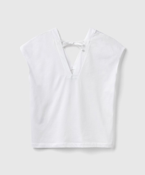 BENETTON (UNITED COLORS OF BENETTON)(ベネトンユナイテッドカラーズオブベネトン)の「VネックバックタイフレンチスリーブTシャツ・カットソー(Tシャツ/カットソー・レディース・ブラック/ネイビー/ホワイト・MEDIUM/SMALL/X-SMALL/XX-SMALL)」の10枚目の写真