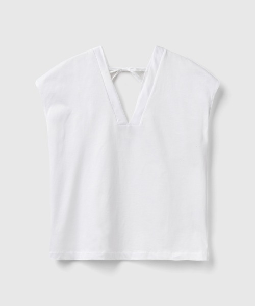 BENETTON (UNITED COLORS OF BENETTON)(ベネトンユナイテッドカラーズオブベネトン)の「VネックバックタイフレンチスリーブTシャツ・カットソー(Tシャツ/カットソー・レディース・ブラック/ネイビー/ホワイト・MEDIUM/SMALL/X-SMALL/XX-SMALL)」の11枚目の写真