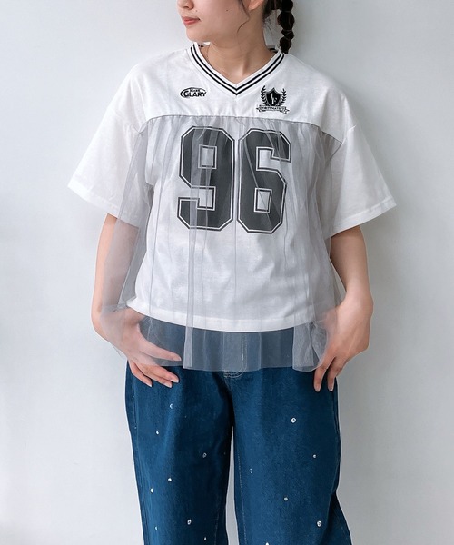 AS KNOW AS plus(アズノゥアズプラス)の「◎チュールドッキング オーバーサイズゲームシャツ(Tシャツ/カットソー・レディース・オフホワイト/サックスブルー/ブラック・FREE)」の2枚目の写真