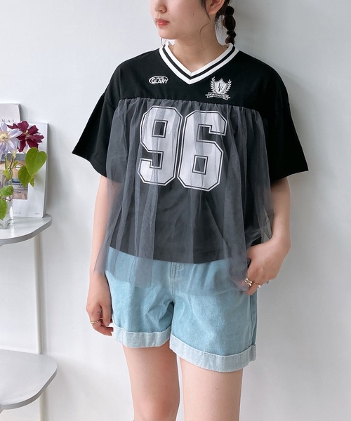 AS KNOW AS plus(アズノゥアズプラス)の「◎チュールドッキング オーバーサイズゲームシャツ(Tシャツ/カットソー・レディース・オフホワイト/サックスブルー/ブラック・FREE)」の1枚目の写真