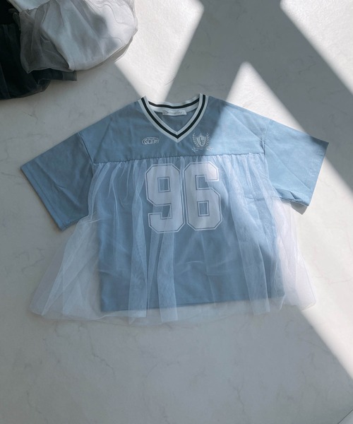 AS KNOW AS plus(アズノゥアズプラス)の「◎チュールドッキング オーバーサイズゲームシャツ(Tシャツ/カットソー・レディース・オフホワイト/サックスブルー/ブラック・FREE)」の5枚目の写真