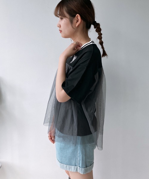 AS KNOW AS plus(アズノゥアズプラス)の「◎チュールドッキング オーバーサイズゲームシャツ(Tシャツ/カットソー・レディース・オフホワイト/サックスブルー/ブラック・FREE)」の19枚目の写真