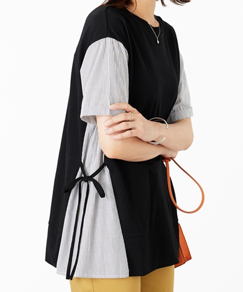 BELLUNA PLUS(ベルーナ)の「サイドリボン切替デザインプルオーバー(Tシャツ/カットソー・レディース・ブラック系/グリーン系/ネイビー系・X-LARGE/LARGE/MEDIUM)」の1枚目の写真
