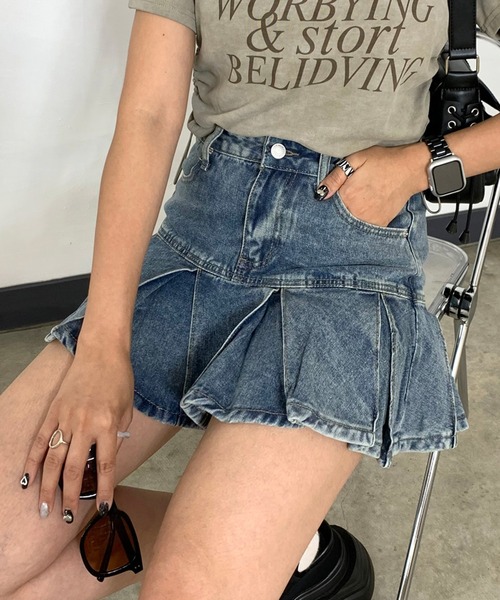 non-hedge(ノンヘッジ)の「タックデニムミニスカートパンツ(デニムスカート・レディース・インディゴブルー/ブルー・S/M)」の10枚目の写真