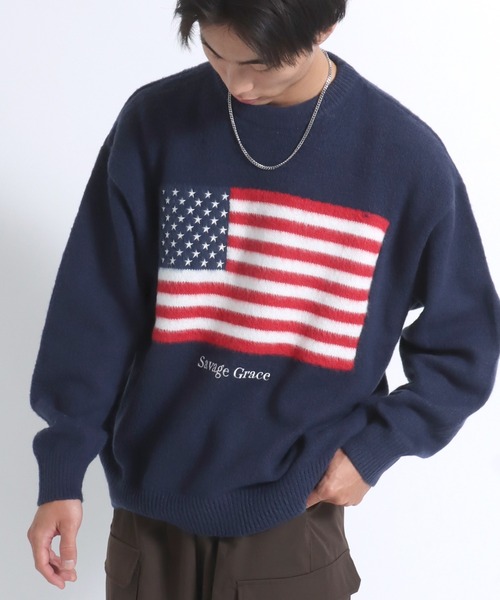 セール】星条旗フラッグ ジャガード編みニットセーター メンズ