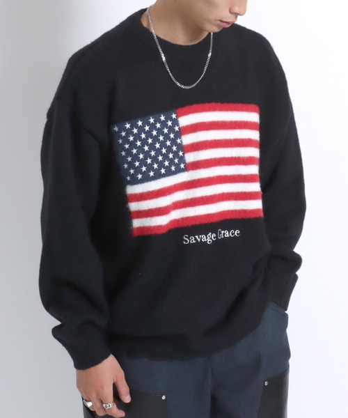 Salong hameu（サロン ハミュー）の「星条旗フラッグ・ユニオンジャック国旗 ジャガード編みニットセーター メンズ レディース ユニセックス/プルオーバートップス（ニット/セーター・メンズ・ブラック/ネイビー/オフホワイト/ブラック系その他/ネイビー系1・M/L）」の7枚目の写真