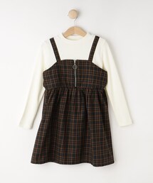 ◆【110-140cm】フロントジップ使い チェックドッキングワンピース