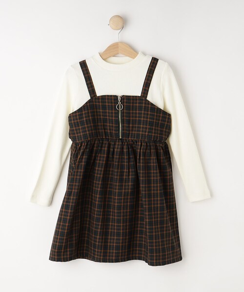 SHOO・LA・RUE(シューラルー)の「◆【110-140cm】フロントジップ使い チェックドッキングワンピース(ワンピース・キッズ・ブラック系1/モスグリーン系1/サックスブルー系1・12/13/14/11)」の1枚目の写真