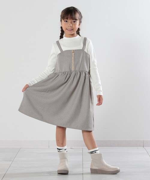 110-140cm】フロントジップ使い チェックドッキングワンピース