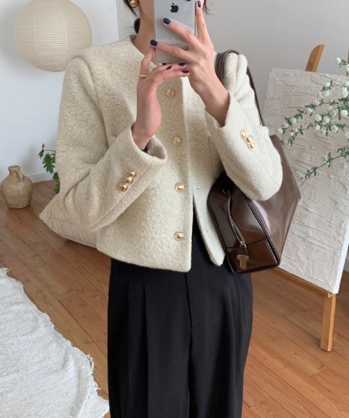 セール】ゴールドボタンノーカラージャケット（ノーカラージャケット