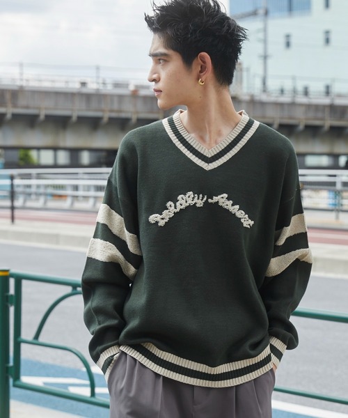 WEGO（ウィゴー）の「WEGO/ラインチルデンニットプルオーバー（ニット/セーター・メンズ・ダークグリーン/オフホワイト・MEDIUM/LARGE）」の3枚目の写真