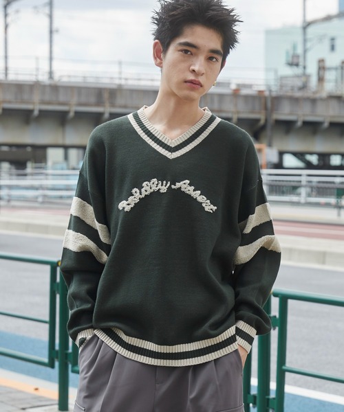 WEGO（ウィゴー）の「WEGO/ラインチルデンニットプルオーバー（ニット/セーター・メンズ・ダークグリーン/オフホワイト・MEDIUM/LARGE）」の4枚目の写真