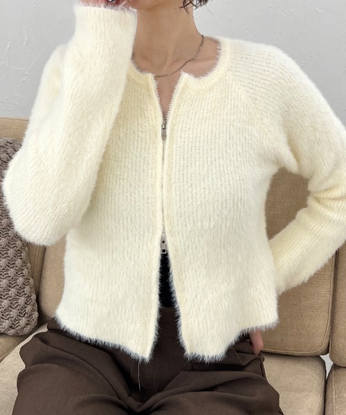 セール】ダブルジップシャギーニットカーディガン（カーディガン