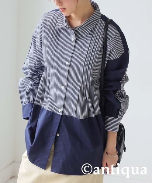 antiqua(アンティカ)の「ストライプタックシャツ(シャツ/ブラウス・レディース・ブラック/ブルー・ONESIZE)」の2枚目の写真