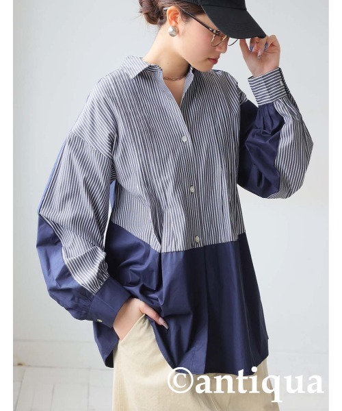 antiqua(アンティカ)の「ストライプタックシャツ(シャツ/ブラウス・レディース・ブラック/ブルー・ONESIZE)」の3枚目の写真