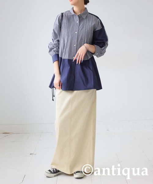 antiqua(アンティカ)の「ストライプタックシャツ(シャツ/ブラウス・レディース・ブラック/ブルー・ONESIZE)」の4枚目の写真
