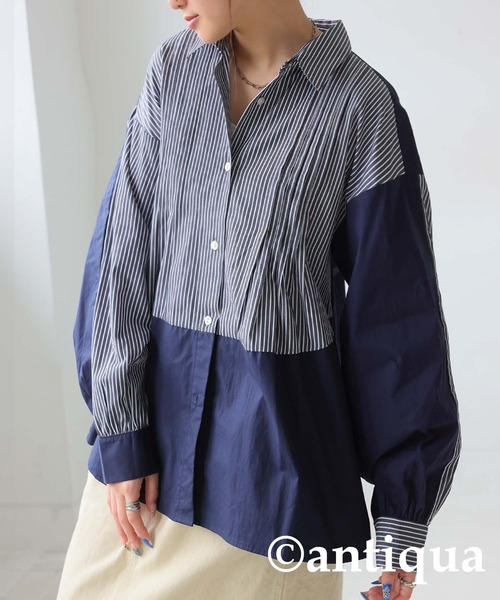antiqua(アンティカ)の「ストライプタックシャツ(シャツ/ブラウス・レディース・ブラック/ブルー・ONESIZE)」の6枚目の写真