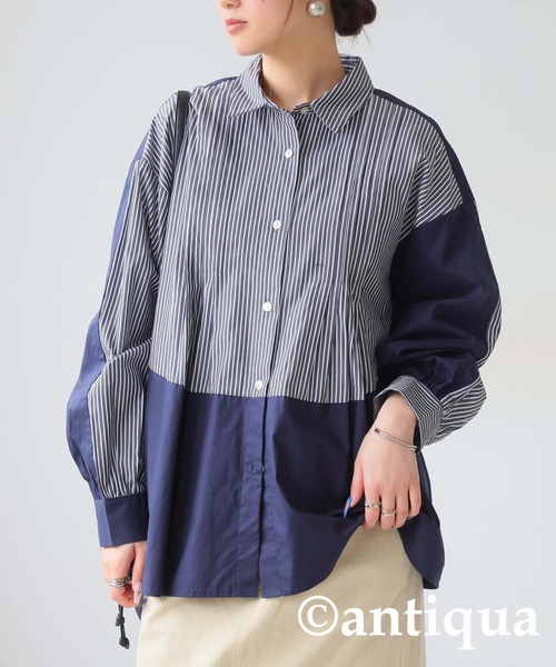 antiqua(アンティカ)の「ストライプタックシャツ(シャツ/ブラウス・レディース・ブラック/ブルー・ONESIZE)」の7枚目の写真
