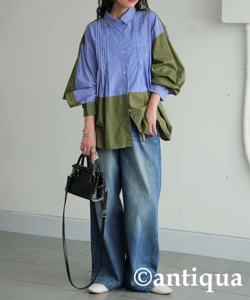 antiqua(アンティカ)の「ストライプタックシャツ(シャツ/ブラウス・レディース・ブラック/ブルー・ONESIZE)」の8枚目の写真