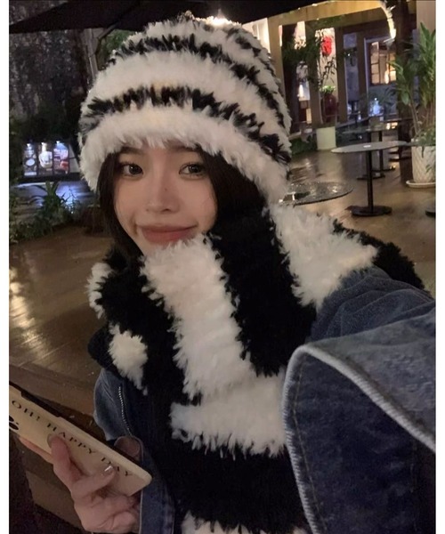 セール】ボーダーフェイクファーニット帽（ニットキャップ