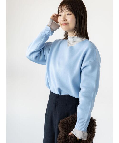 Lugnoncure（ルノンキュール）の「コットンタッチVネックニット（ニット/セーター・レディース・ミント/ブラック/ピンク/サックスブルー/オフホワイト・F）」の12枚目の写真