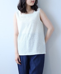 【L～5L 大きいサイズ】シャーリングニットスクエアネックタンクトップ ノースリーブ 春夏