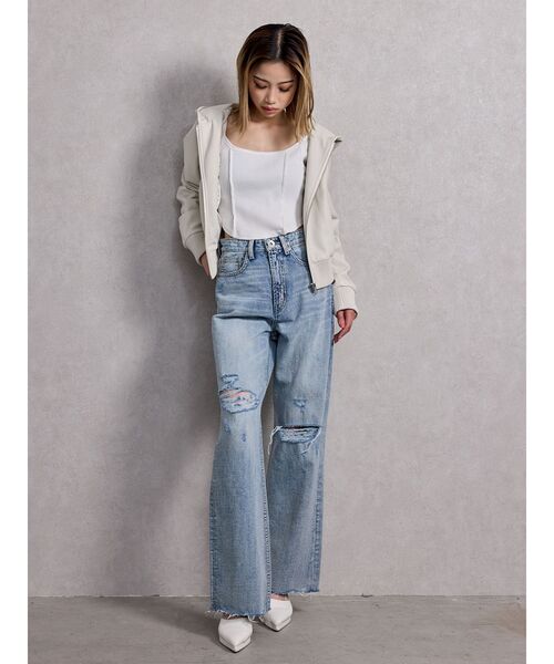 GYDA（ジェイダ）の「フーディーフェイクレザーコート（ブルゾン・レディース・アイボリー/ブラック・FREE）」の13枚目の写真