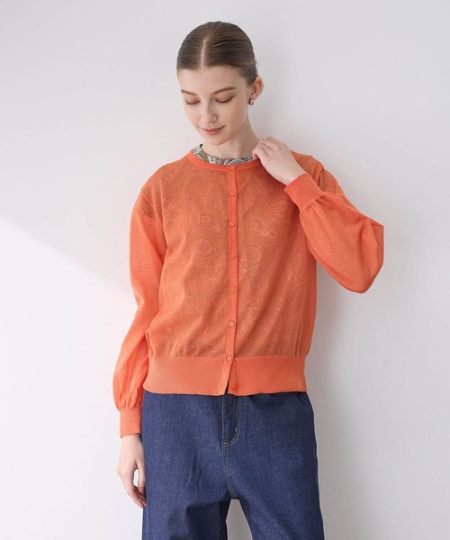 【極美品】　完売品　louren シアーカーディガン オレンジ ショート丈 LACOSTE カーディガン 編地切り替えウールニット クロップド丈