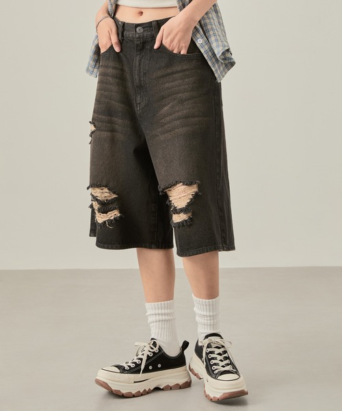 スタッズ　ダメージ加工　34size セール】【Snap club】ヴィンテージ加工ダメージデニムワイド