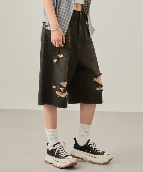 セール】【Snap club】ヴィンテージ加工ダメージデニムワイド