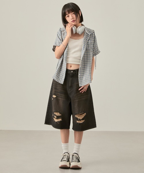 Snap club(スナップクラブ)の「【Snap club】ヴィンテージ加工ダメージデニムワイドジョーツ(デニムパンツ・レディース・ブラック/ライトインディゴブルー・L/M/S)」の20枚目の写真