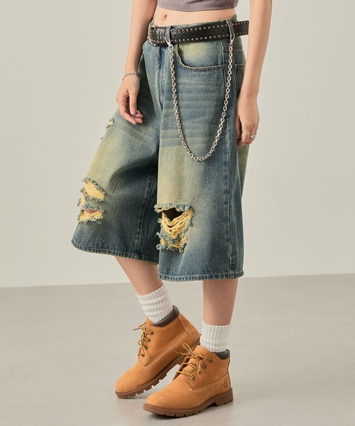 Snap club(スナップクラブ)の「【Snap club】ヴィンテージ加工ダメージデニムワイドジョーツ(デニムパンツ・レディース・ブラック/ライトインディゴブルー・L/M/S)」の6枚目の写真