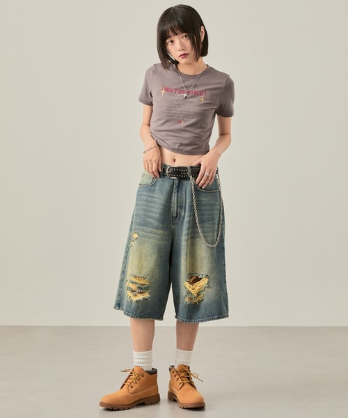 ダメージデニム 2color ／ 4size 】クラッシュダメージバイカラースラブワイドデニム