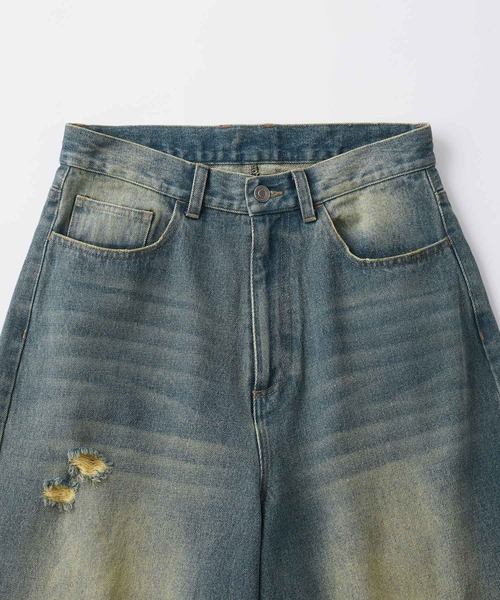 スタッズ　ダメージ加工　34size セール】【Snap club】ヴィンテージ加工ダメージデニムワイド