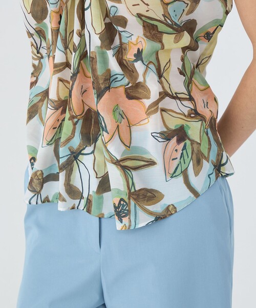 セール】ミューラルリーフプリント ツイストドレープブラウス（シャツ