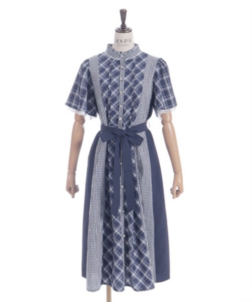 〓ISA ARFEN〓 タータンチェック パネル切替パッチワーク ワンピース チェック切替パッチワークワンピース（シャツワンピース）｜axes