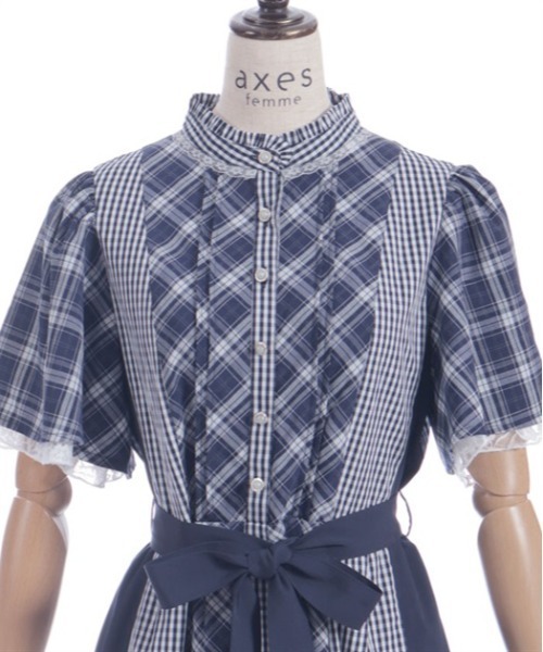 axes femme（アクシーズファム）の「チェック切替パッチワークワンピース（シャツワンピース・レディース・ブラック/ネイビー/サックスブルー・FREE）」の15枚目の写真