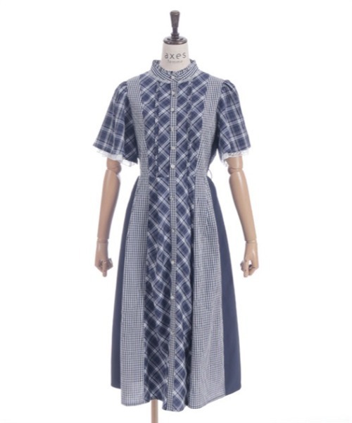 axes femme（アクシーズファム）の「チェック切替パッチワークワンピース（シャツワンピース・レディース・ブラック/ネイビー/サックスブルー・FREE）」の14枚目の写真