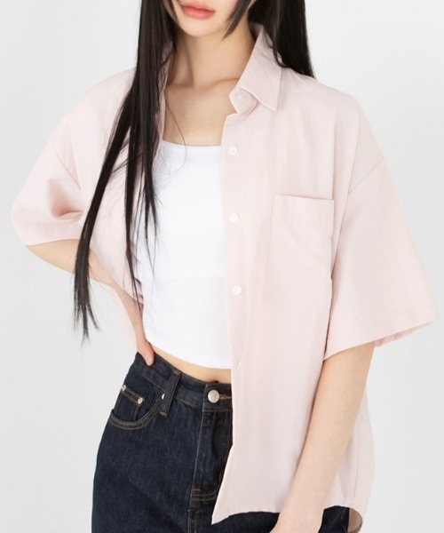 muahmuah(ムーアムーア)の「A'GEM/9 × .kom 『muah muah/ムーアムーア』LOOSE FIT TWO POCKET HALF SHIRT/ルーズフィット ツーポケットシャツ(シャツ/ブラウス・レディース・ホワイト/ピンク/ブラック・FREE)」の2枚目の写真