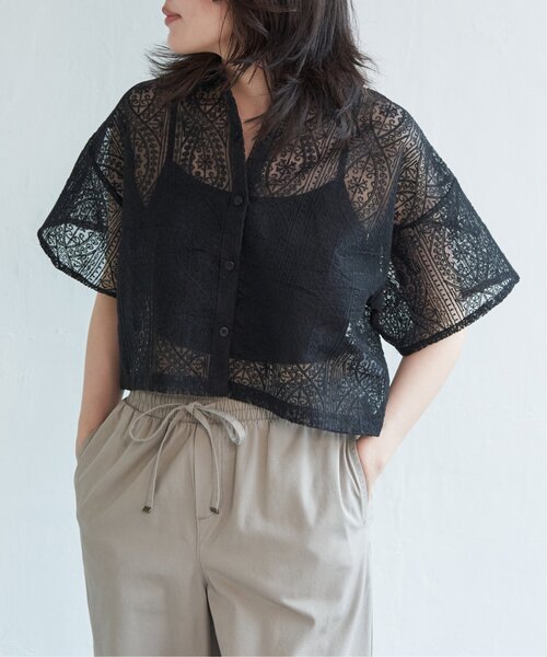 VENCEEXCHANGE（ヴァンスエクスチェンジ）の「レースハーフスリーブショートシャツ（シャツ/ブラウス・レディース・アイボリー/ブラック/ブラウン/ブルー・FREE）」の21枚目の写真