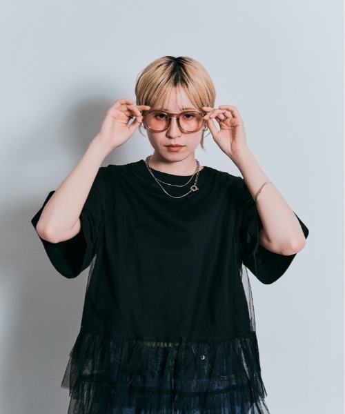 tシャツ コスモ プリント チュール付き Tシャツ レディース W：Huku tシャツ コスモ プリント チュール付き Tシャツ